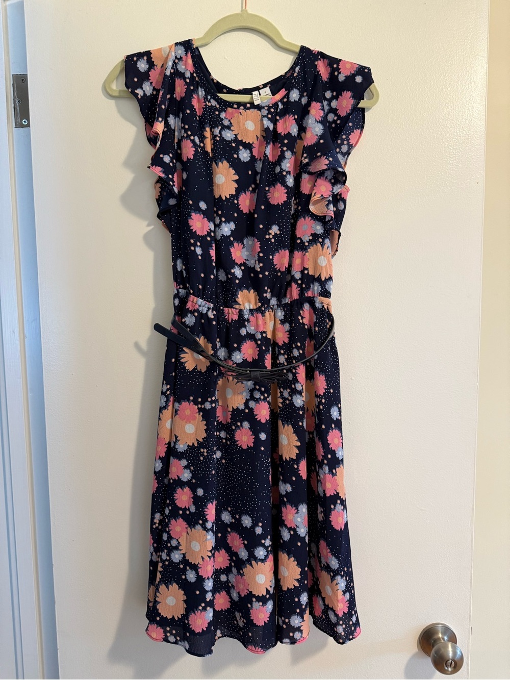 Elle Navy Floral Midi Dress with Pink & Peach Blooms